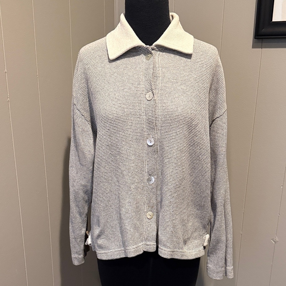 Willow Women Small Waffle Knit Gray Button Down Shirt Preppy Casual
